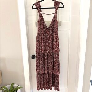 Sabina Musayev Alma Midi Dress Metallic Floral Pleated Tiered V Neck M No belt